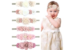 Dizila 6 Pieces Super Soft Stretchy Ivory Beige Pink Baby Girl Flower Nylon Headbands Floral Hair Accessories for Newborns Infants Toddlers Girls Kids