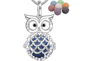 INFUSEU Collana Diffusore Di Oli Essenziali, Ciondolo Gufo Placcato Argento Aromaterapia Diffusore Gioielli Donna Collane Lunghe Donna con 7PC Lava Pietre e Catena 24", Regali per Signora