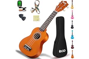 iECO Soprano Ukulele Beginner Kit - 21 Inch Ukulele for Kids Adults with Gig Bag, Picks, Tuner, Strap, Extra Strings (Honey)