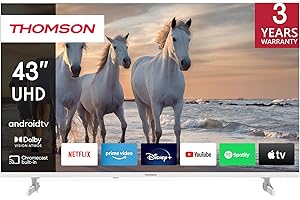 THOMSON 43 calowy (109 cm) 4K Ultra HD Biały Smart Android TV, Google Assistant, Wi-Fi, Dolby Digital, Bluetooth, Triple-Tuner (Kabel/Satelita/Antena), HDMI, CI+, A+ Płyta – 43UA5S13W
