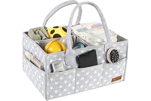 WHATWEARS Baby Windel Caddy Organizer, Hellgrau Windel Korb Organizer, Tragbare Filz Windel Organizer mit 3-Compartment, Wechselbaren Fächer und 8 Taschen(Sternenmuster)