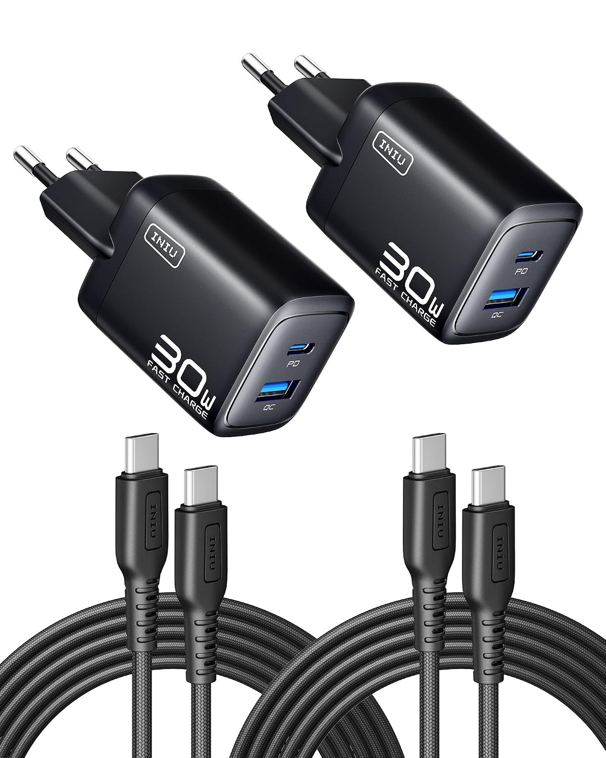 INIU Caricatore USB C, 30W GaN Caricatore Rapido e Multiplo con Cavo 60W, 2-Pezzi Presa di Ricarica con Protezione Intelligente per iPhone 17 16 Pro Max MacBook Air Samsung S26 S25 Xiaomi Google Pixel