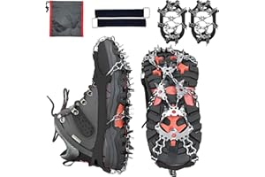 KIKAWORD Ice Grips for Shoes and Boots, Ice & Snow Grips, Crampons for Shoes 32 Spikes with 1 Pair of Straps and a Cloth Bag for Snow Walking, Mud Climbing and Hiking