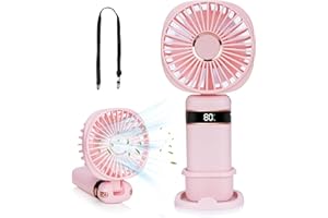 UHOMFUN Handheld Fan, 20+Hrs Portable USB Hand Held Fans Rechargeable with 5 Speeds & Power Display, Battery Operated Desk Fan, Small Personal Fan with Base, Hanging Rope, Suit for Home Office Travel (Pink)
