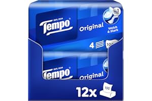 Tempo Oryginalne pudełko na chusteczki higieniczne – opakowanie ekonomiczne – 12 pudełek, 100 chusteczek w pudełku – bardzo mocne, miękkie chusteczki papierowe, nadają się do prania w pralce