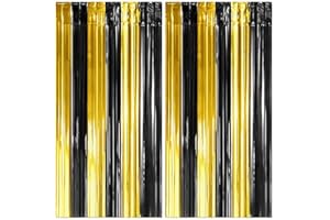Jonami 2 Cortinas Metálicas Oro Negro, Cortina de Lámina, Oropel Franjas Decoración Fondo para Fiesta de Cumpleaños Bodas