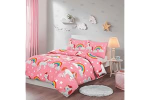 ELAFY Rainbow Unicorn Double Duvet Set - Kids Childrens Bedding Unicorn Duvet Set - Easy Machine Washable - Polycotton Unicorn Bedding Set with Matching Pillowcases