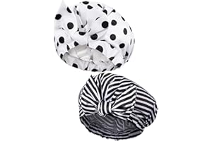 GEYOGA 2 Pezzi Cuffie da Doccia per Donna, Cuffie per Capelli Impermeabili Riutilizzabili Cuffie da Bagno con Orlo Elastico per Capelli Lunghi, Corti e Ricci (Punti e Strisce Neri)