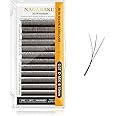 NAGARAKU Brown 3D Lashes，W Shape Eyelash Extensions 0.07mm D Curl 8-15mm Mix Volume Lashes Hand Woven Long Stem Matte Black Premade Fans 3 Tips False Eyelash