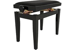 Juan Miguel Navarrez ławka do pianina Elegance czarna na wysoki połysk - Lite drewno - Regulacja wysokości za pomocą mechanizmu nożycowego - Czarna aksamitna tapicerka siedziska