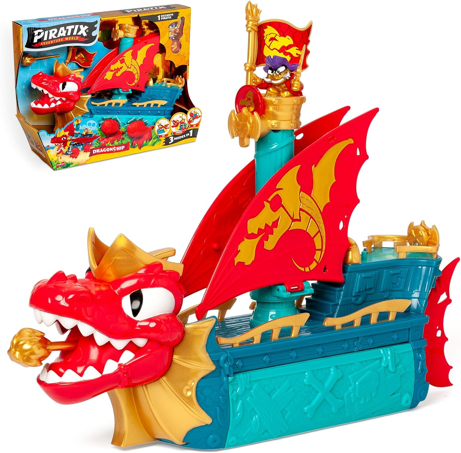 PIRATIX Dragon Ship – Barco Dragón de Piratix Todo Terreno 3 en 1: Tierra, Mar y Aire. Contiene 1 Barco Dragón, 1 Piratix Exclusivo, 1 Tesoro Exclusivo, 1 Bandera y 1 proyectil
