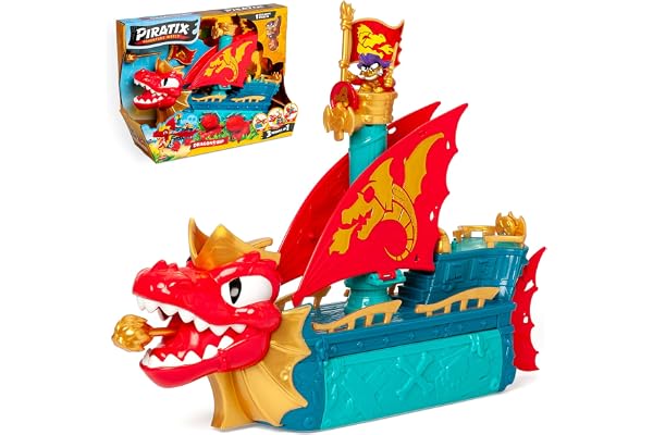 PIRATIX Dragon Ship - Bateau Dragon Piratix Tout Terrain 3 en 1 : Terre, Mer et Air Contient 1 Bateau Dragon, 1 Piratix Exclusif, 1 Trésor Exclusif, 1 Drapeau et 1 Projectile