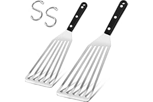 Joyfair Fish Spatula, Stainless Steel Fish Turner with ABS Handle, Metal Slotted Spatula Turner for Cooking/Flipping/Frying Egg Patties Fries Pancake Steak, 2 Size & 2 Pothooks, Dishwasher Safe