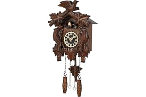 Kintrot Cuckoo Clock, Traditional Black Forest Handcrafted Wooden Quartz Clock for Wall Antique Decroration with Maple Leaf Pendulum, 12 Melodies, Night Sensor and Singing Bird
