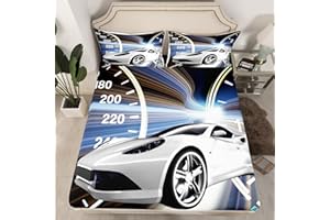 LOUSSIESD Sports Car Bed Sheet Set White Race Car Bedding Sheets for Kids Boys Girls Extreme Sports Bedding Fitted Sheet Cool Speed Car Room 3Pcs Double Size