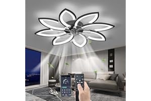 YUNZI Sourdine Ventilateur de Plafond avec lumière avec télécommande, LED Dimmable Lampe de Plafond Moderne Ventilateur de Plafond pour Salon Chambre à Coucher, Réglable 6 Vitesses, Noir 90CM
