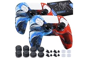 YoRHa 2 fundas de silicona para mando de PS5 (rojo camou + azul) con 8 empuñaduras para el pulgar, 8 tapones, 4 protectores analógicos