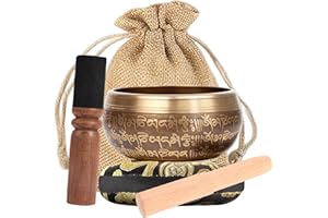 HELWEET Cuenco Tibetano, Juego De Cuencos Tibetanos, Cuenco de Meditación, Set Tibetano para Meditación, con Cojín, Mazo de Madera, Hecho a Mano en Nepal, para Meditación, Yoga y Curación De Chakras, 10.5 CM