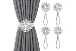 FACIACC Magnetic Curtain Tiebacks, 4-Pack Decorative Drapery Curtain Buckle with Strong Spring Rope & Flower Magnetic Crystal, Curtain Holder for Home Window Kitchen Treatment