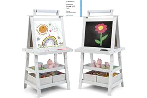 ‎COSTWAY COSTWAY 3 in 1 Kinder Staffelei, Kindertafel doppelseitig, Whiteboard & Kreidetafel & Zeichenpapier, Standtafel inkl. Magneten, 2 Regalebenen Holztafel mit 2 Aufbewahrungsboxen (Beige)