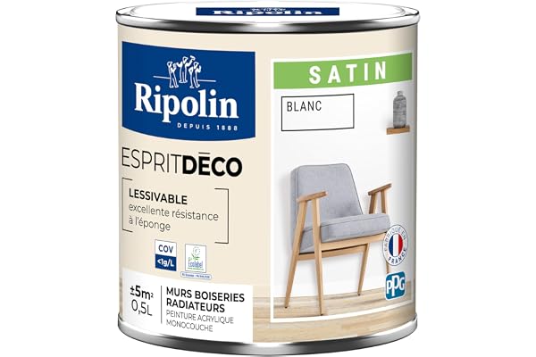 RIPOLIN - Peinture Intérieure Multi-Supports – Murs, Boiseries & Radiateurs – Ultra-Couvrante – Lessivable – Application Facile – Ecolabel - Satin - 0,5L - Blanc