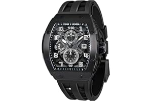 TSAR BOMBA Montre Homme Montre de Luxe Etanche 50M Tonneau Analogique Chronometre Squelette Carrée Grand Cadran Plongee Sport Montres Mouvement Japonais Bracelet Silicone Miroir Saphir Lumineux