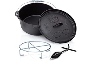 BBQ NERD BBQ-Nerd© Dutch Oven"Starter" 3,1 L con soporte, ya quemado, preseasoned, olla de hierro fundido con tapa, con elevador de tapa, resistente al fuego, olla para barbacoa y camping