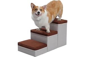 PETEPELA Scaletta portatile per cani, scaletta per cani con scatola portaoggetti, morbida copertura rimovibile, marrone, 3 gradini per divano