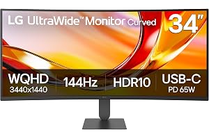 LG 34U640B-B 34-inch UltraWide WQHD 144Hz FreeSync Premium Curved Monitor | (3440 x 1440), 21:9 Aspect Ratio, HDR10, Reader Mode, HDMI, DisplayPort, USB Type-C PD 65W, Tilt/Height Adjustable Stand