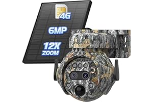 SHIWOJIA 12-krotny zoom 4G zewnętrzna kamera SIM, 6 MP 360 ° PTZ kamera myśliwska kamuflaż 4G LET słoneczna, wykrywanie PIR, kolor nocny, dwukierunkowy dźwięk