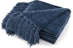 RECYCO Chenille Throw Blanket with Tassels Soft Cozy Sofa Chair Bed Gift, 152x127cm, Navy