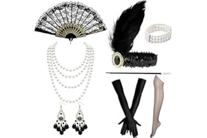 Forhandy 11 sztuk akcesoriów w stylu lat 20., Wielki Gatsby, akcesoria damskie, na imprezę, kostiumy z klapką, opaska na czoło, rękawiczki, łańcuszek z pereł, kolczyki, pończochy na karnawał,