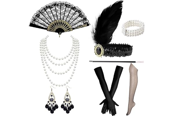 Forhandlning 11 stycken Great Gatsby-tillbehör, damer, festkostymer, flapper, pannband, handskar, pärlhalsband, örhängen, strumpor, halloween, jul, pärla