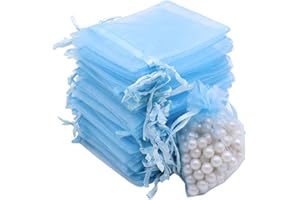 Leeyunbee 100 szt., 7 x 9 cm, jasnoniebieskie torebki z organzy, torebki na prezenty z organzy, torebki na cukierki, torby na prezenty ślubne ze sznurkiem, używane na ślub, urodziny, Boże Narodzenie,