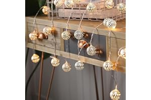 ENLACE Marokański łańcuch świetlny 3 m, 20 diod LED, metalowe kulki, zasilany bateriami, do wewnątrz i na zewnątrz, ślub, Boże Narodzenie, urodziny, impreza, dekoracja, ciepła biel