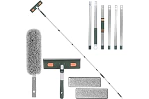 ACOMTUO 250cm limpiacristales Telescopico, Limpia Cristales con Mango Extensible con Escobilla de Silicona & 2 Paños de Microfibra, Kit de Limpieza de Cristal para Automóviles y Ventanas Exteriores Altas