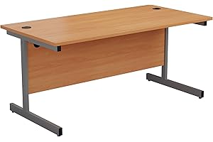 Office Hippo Heavy Duty Rectangular Cantilever Desk, Home Office Table + Integrated Cable Ports, PC Desk For Office or Home, 5 Yr Wty - Silver Frame/Beech Top, 120cm x 80cm