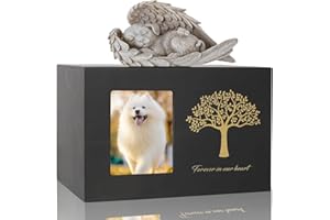 Exquilnova Tierurnen für Hunde, Holz Schwarz Urne Hund, Hunde Urne mit Hund Engel und Fotorahmen, Gedenkbox für Asche Katze und Andere Haustiere – zur ewigen Erinnerung (Hundeengel)