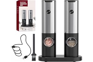 CIRCLE JOY Juego de Molinillo Eléctrico de Sal y Pimienta con Base de Carga Doble, Cepillo, Luz LED Blanca, Grosor Ajustable y Operación Automática con Una Sola Mano, Plata Negro