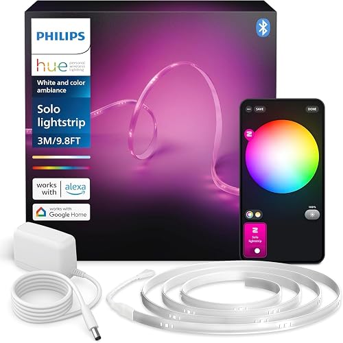 Philips Hue Indoor 3 m Smart LED Solo Lightstrip Basic Set, 1 Pack, Indirect Lighting Controllable with the Hue App, LED Strip Works with Alexa, Google Assistant and Apple HomeKit
