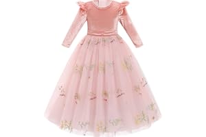 IDOPIP Automne Hiver Fleurs Fille Robe Velours Robe Noël Manches Longues Brodée Princesse Tulle Robe Fête Anniversaire Bal Officiel