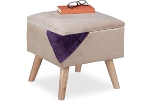 Relaxdays Taburete de Terciopelo con Sitio de Almacenaje, Acolchado, Cuadrado, Patas Madera, 40x40x40 cm, Crema