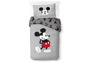 Jay Franco Juego de Cama de Mickey Mouse Disney a Rayas con Funda de edredón para Cama Individual de algodón Afelpado - Incluye una Funda de Almohada de 50 x 70 cm