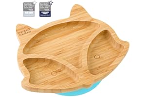 bamboo bamboo Baby and Toddler Plate for Feeding and Weaning, Bamboo Fox Plate with Secure Suction, Suction Plates for Babies from 6 Months (Fox, Blue)