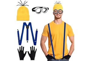 KODEPRO 4 Pcs Adults Cosplay Costume Accessories with Yellow Beanie Knit Hat Black Gloves Grey Steampunk Goggles Glasses Blue Shoulder Strap for Halloween Cosplay Party World Book Day Dress up Outfits