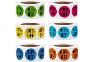 Newellsail Etiquetas Promocionales 2,5 cm Pegatinas de Descuento Autoadhesivas 10%-60% Porcentaje Descuento Pegatinas de Venta para Supermercados Minoristas 3000 Piezas 6 Rollos