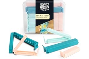 Moritz & Moritz 24 Chiudi Sacchetti Cucina - Clip sacchetti del congelatore per la conservazione degli alimenti - Clip Chiudi Sacchetti in scatola trasparente - 3 Colori