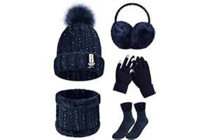 Tuopuda Ensemble Bonnet Écharpe de Doublure Polaire Gants 5 Pièces Tricotés Ensemble de Ski d’Hiver de Femmes Beanie Foulards Cache-Oreilles Chaussettes