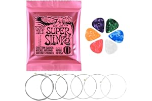 XUJINSONGG Electric Guitar Strings, 6 Pcs Super Slinky Nickel Wound Electric Guitar Strings 9-42 Gauge, Steel Ball Super Slinky Guitar Strings, with 6 Pcs Guitar Pick Plectrums (6) (7)