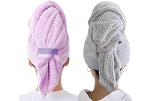 Aiuuee 2 Pzi Asciugamano Microfibra Capelli per Donne, 106 x 63 cm Turbante Asciugacapelli con Fascia Elastica, Asciugare Rapidamente Asciugamani per Capelli Ricci e LunghiGrigio+Viola
